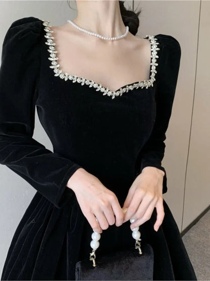 Black Velvet Mini Dress Long Sleeve Square Collar High Waist A-line Autumn Spring Evening Party Vestidos Mujer New