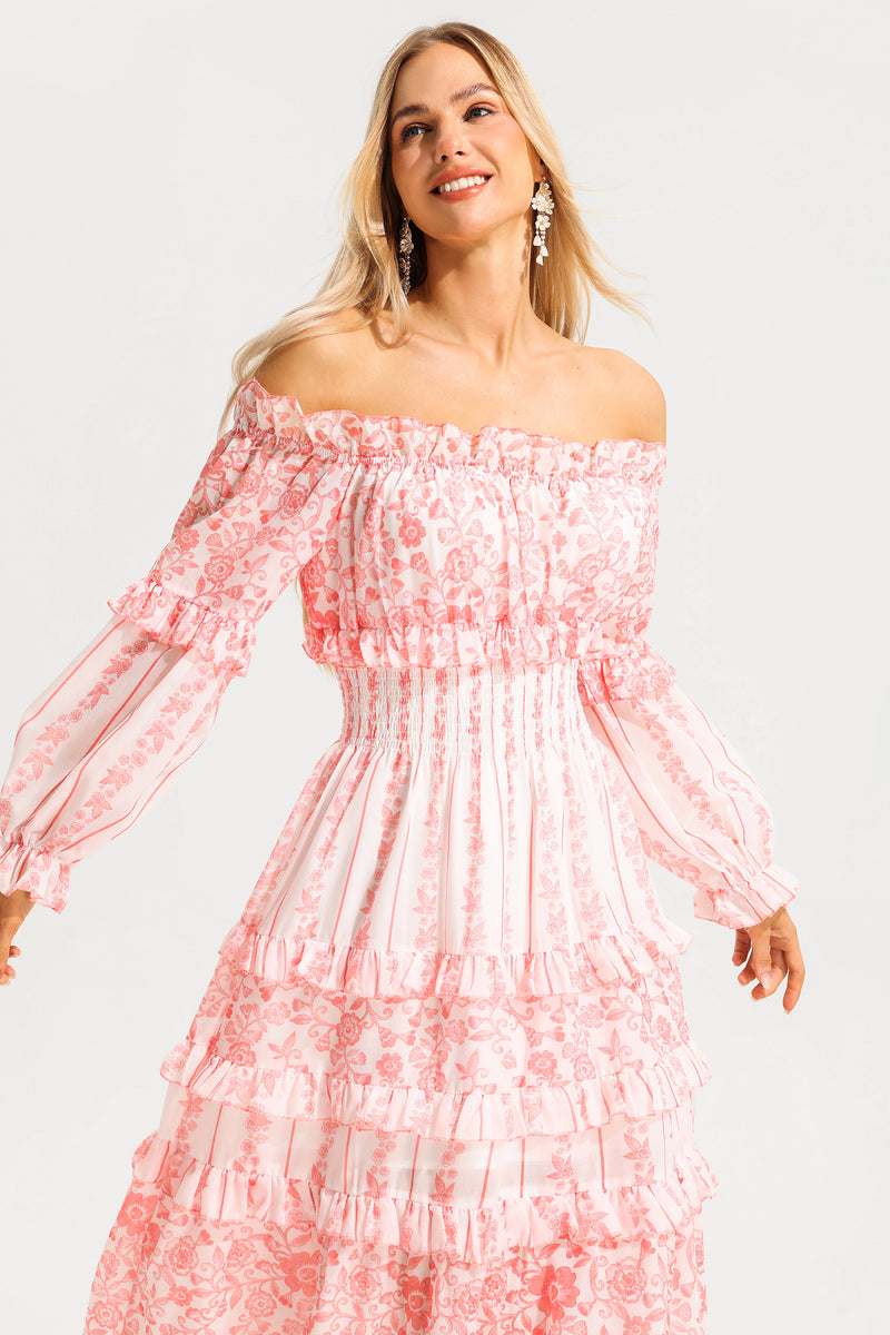Print Frill Off-shoulder Midi Dress