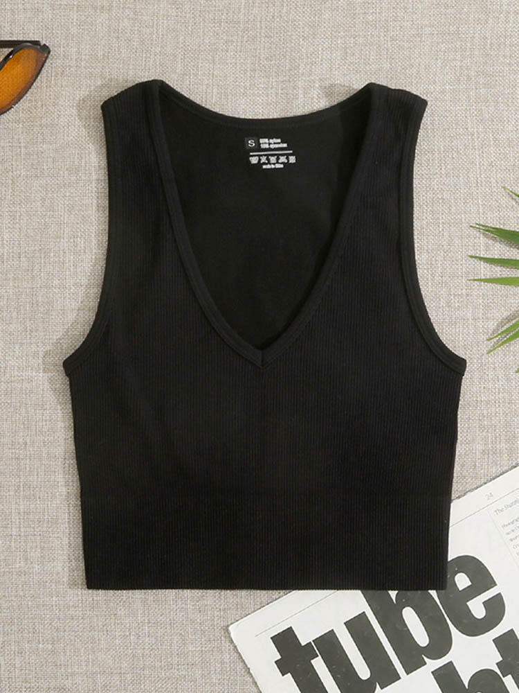 Crop Top V-neck Sports Seamless Knitted Tank Tops Ribbed Fitness Running Elastic Workout Vest Top