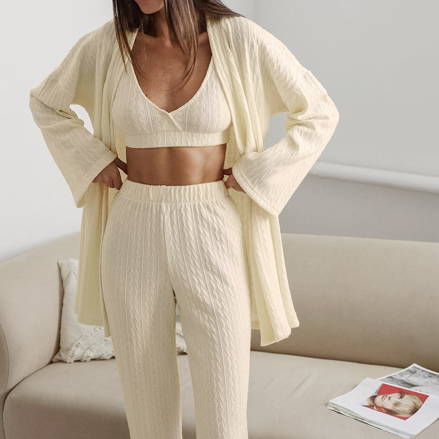 Autumn Knitted Sling Vest Pajamas Three Piece Set Cardigan Long Sleeve Pants Homewear