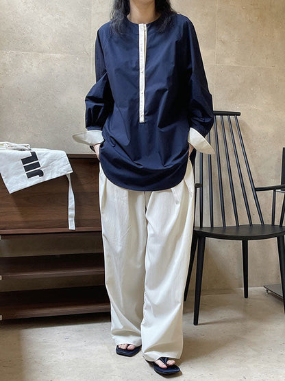 Urban Long Sleeves Loose Contrast Color Round-neck Blouses&shirts Tops