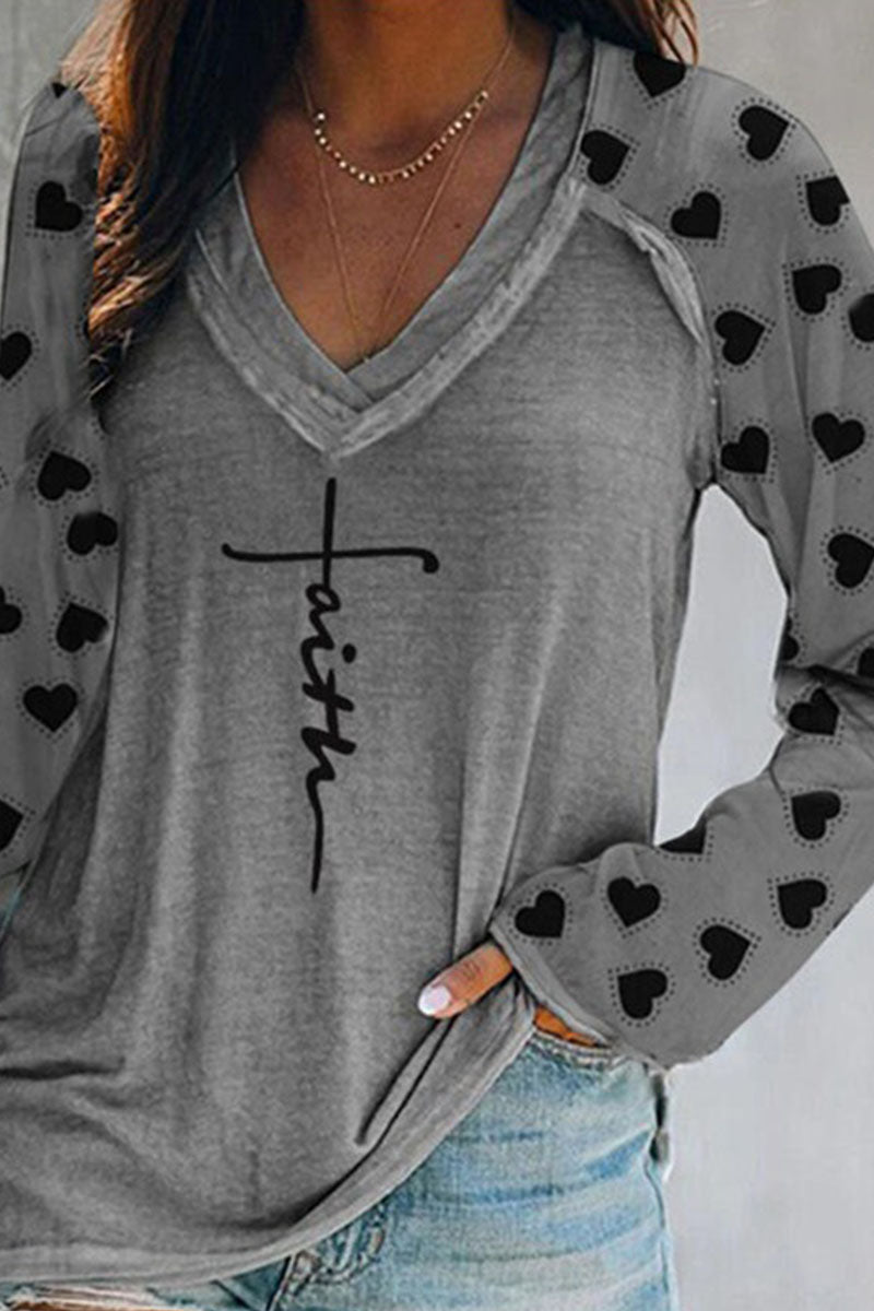 Print Patchwork V Neck T-shirts(4 Colors)