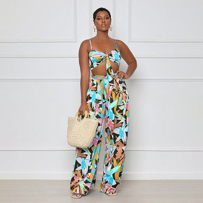 Summer Printed Strap Tube Top Cropped Clothing Wide Leg Pants Suit