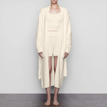 Fluffy Set Clothes Plush Lace-up Long Cardigan Belted Bathrobe Homewear Coat