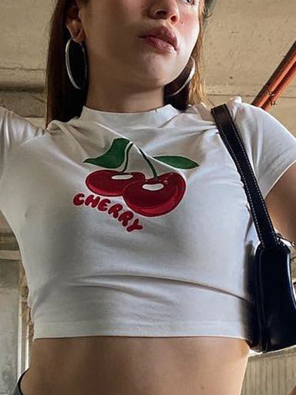 New T-shirt Y2k Crop Tops Cherry Print Graphic Summer Korean Harajuku Short Sleeve Sweet Slim Tees