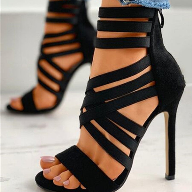 Hollowed Out Color Pointed Stiletto Sandals