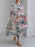 Comstylish Japanese Line Flower Print Linen Blend Maxi Dress