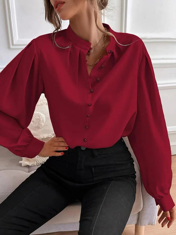 Loose Puff Sleeves Pleated Color Split-joint Stand Collar Blouses