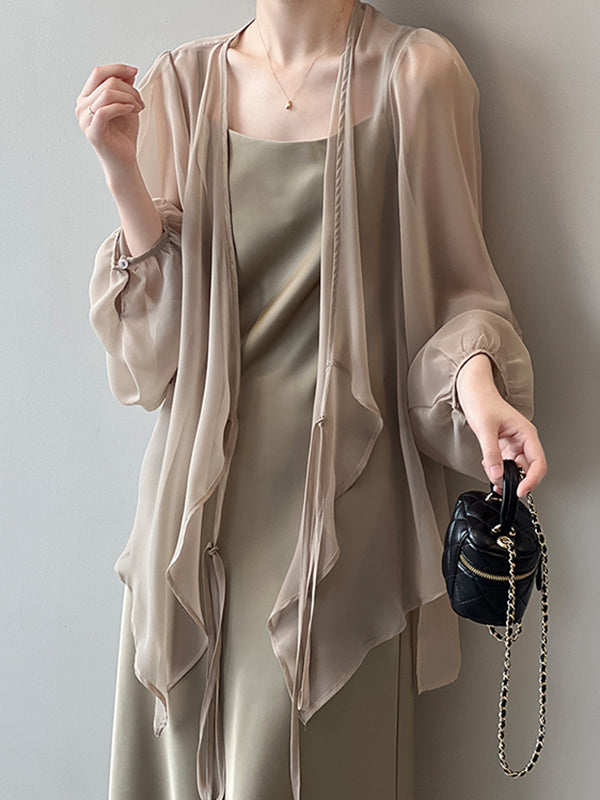 Bishop Sleeve Long Sleeves See-through Split-joint Tied Collarless Blouses&shirts Tops