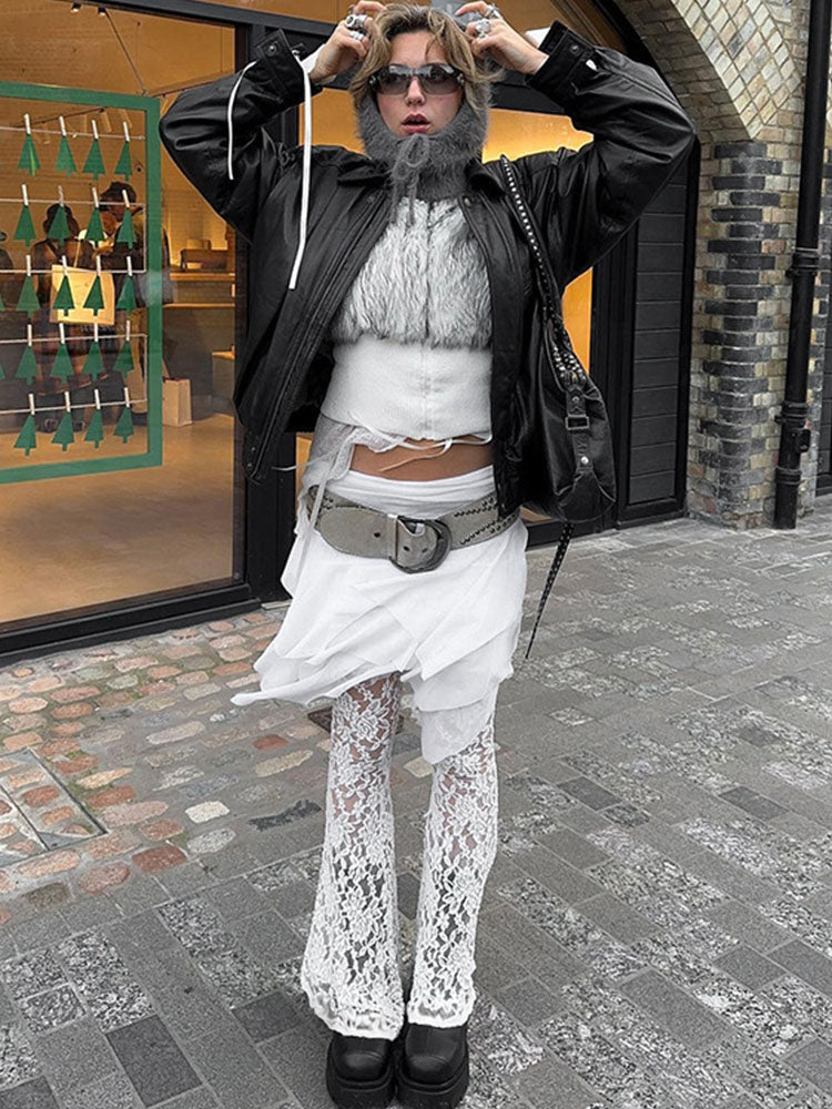 Taruxy See Through Lace Pants Summer Mesh Splice Culottes Pants Holiday Loose Femme Pantskirt
