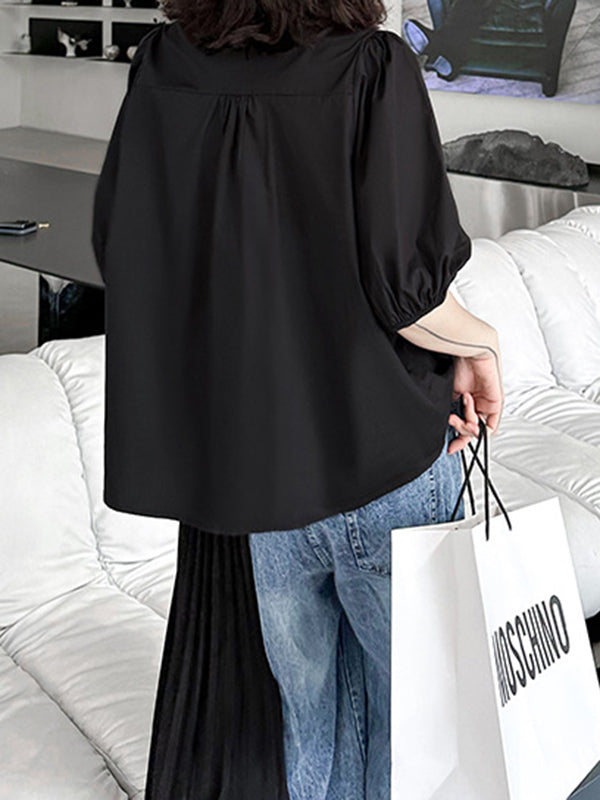 Loose Puff Sleeves Pleated Color Round-neck Blouses&shirts Tops