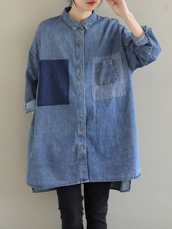High-low Long Sleeves Asymmetric Buttoned Pockets Split-joint Lapel Blouses&shirts Tops