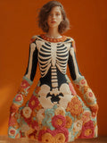 Women's Halloween Warm Tone Skull Rose Embroidered Dress artswardrobe