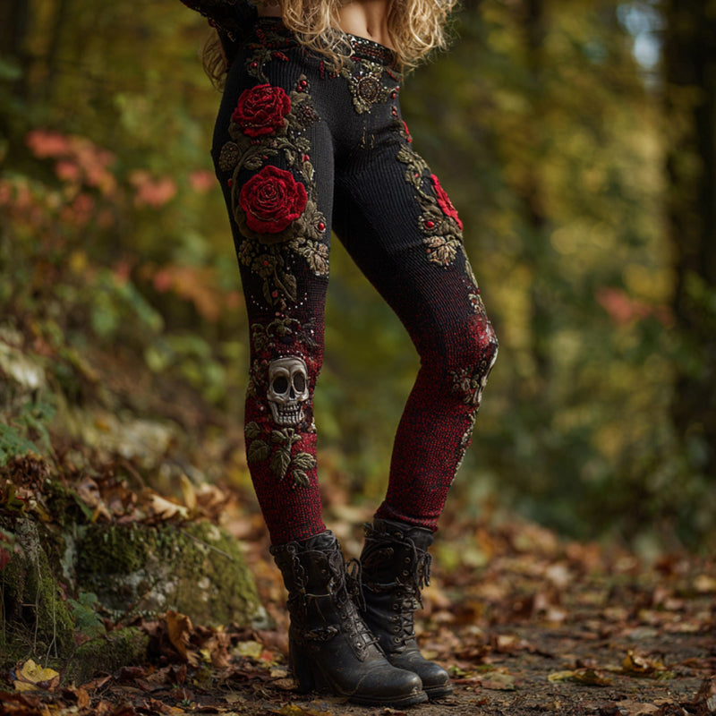 Women's Vintage Skull And Rose Pattern Comfortable Leggings elevenforest