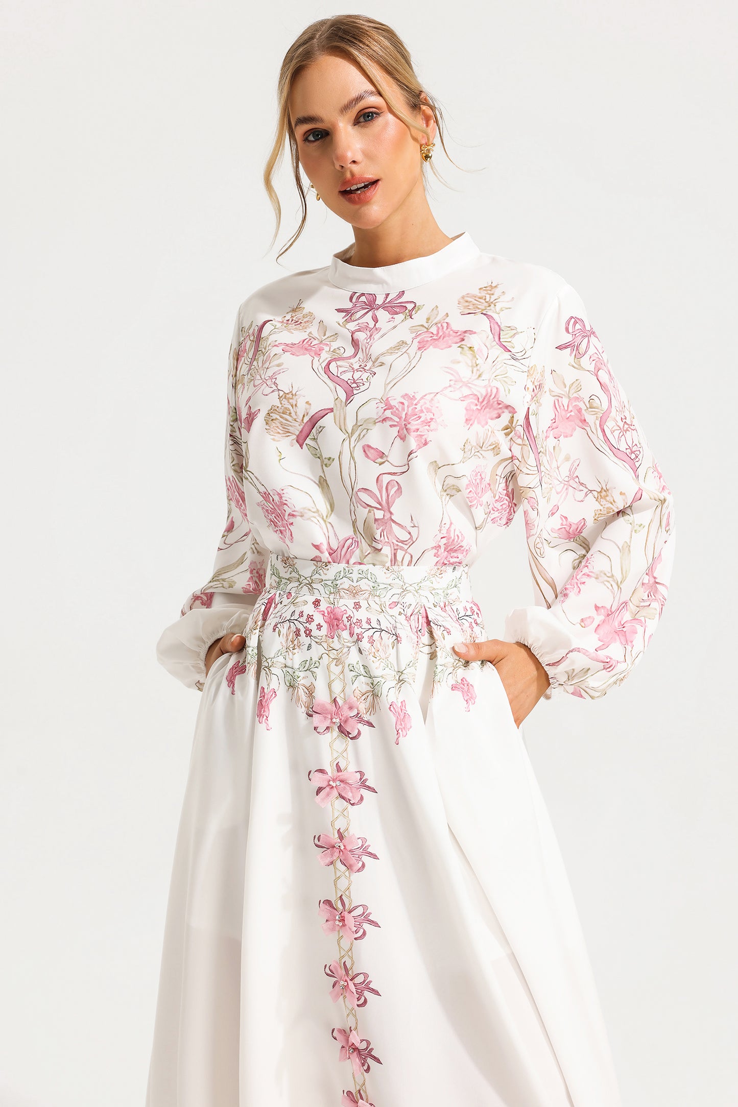 Puff Sleeve Top ?bow High Waist Maxi Skirt Set