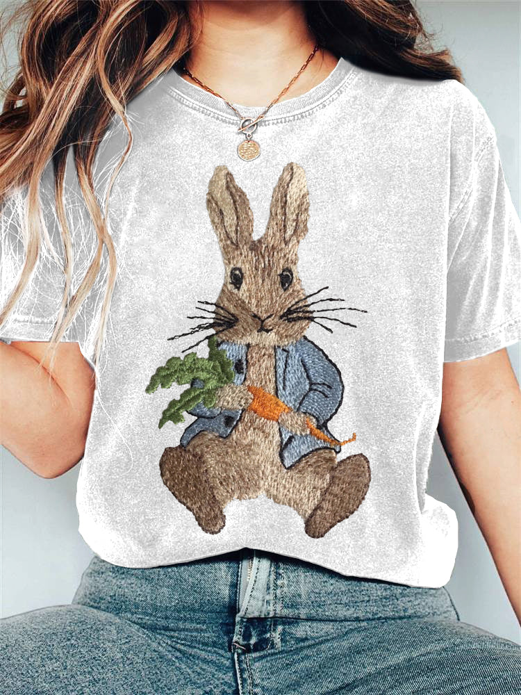 Cute Bunny Embroidery Pattern Casual T-Shirt artswardrobe