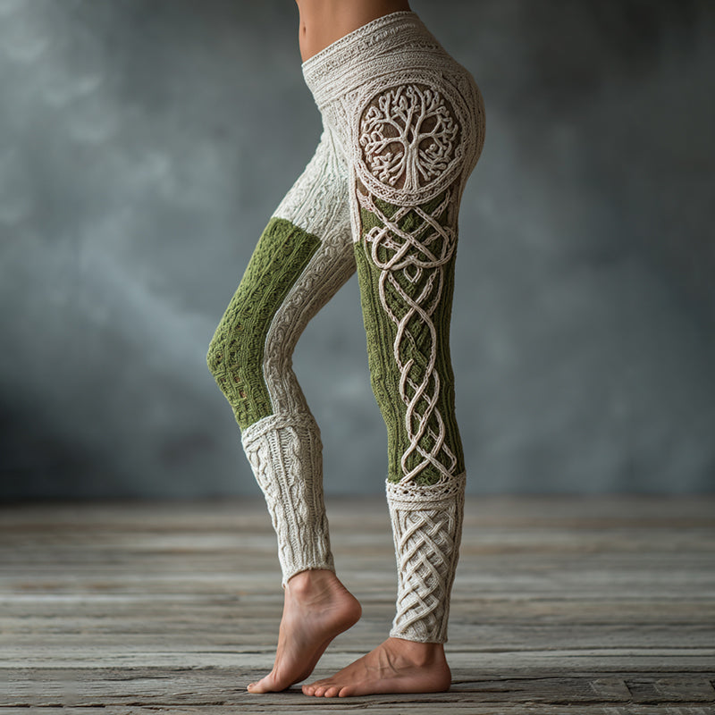 Vintage Viking Tree Of Life Celtic Knot Art Knit Jacquard Cozy Leggings artswardrobe