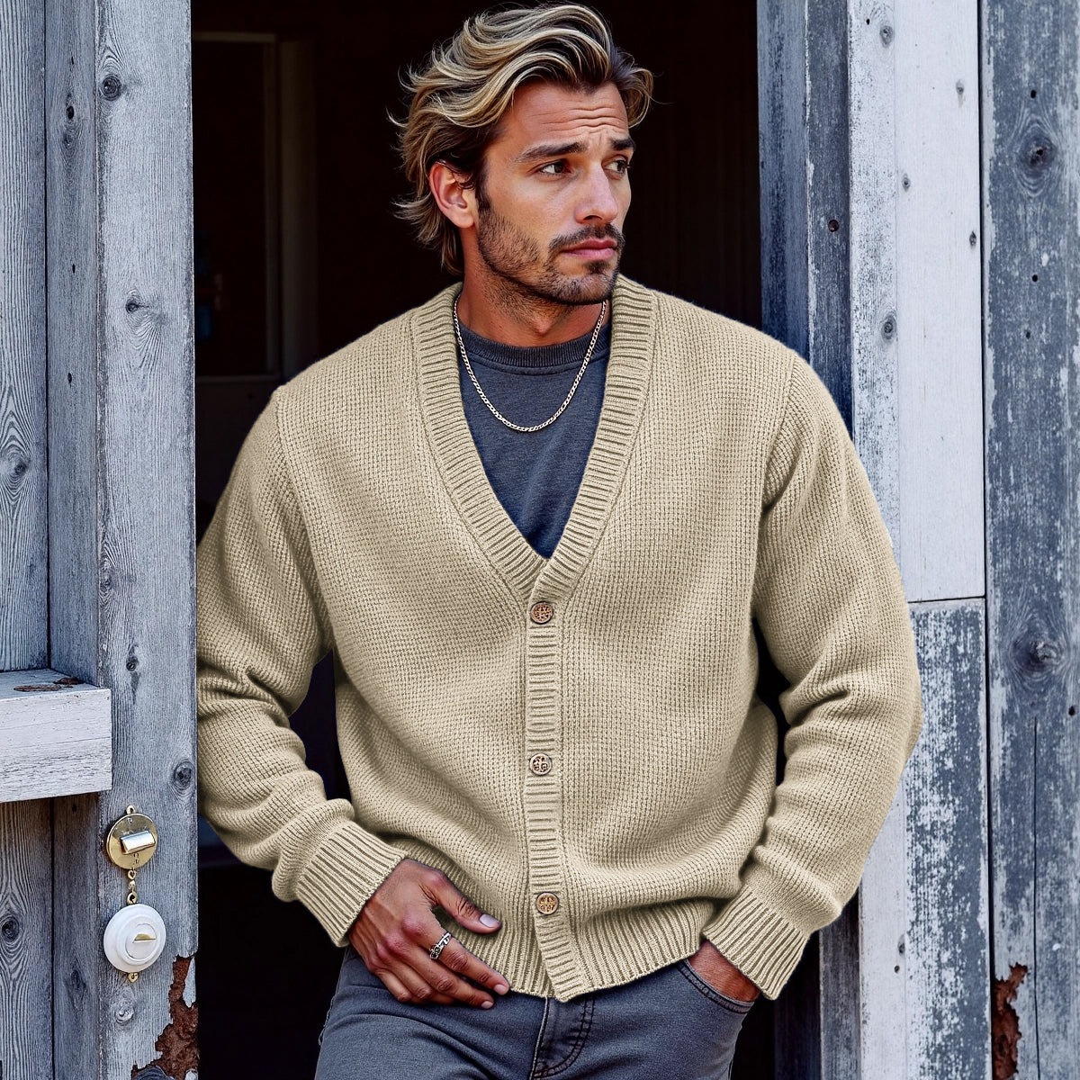 Men's Solid Color V-Neck Button Sweater Cardigan elevenforest