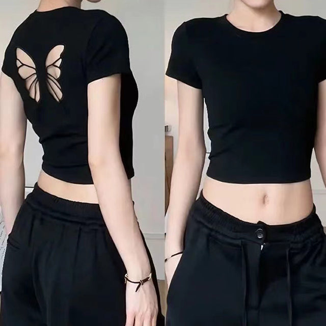 T-shirt Short Sleeve O Neck Slim Fit Crop Top Butterfly Hollow Backless for Tops Summer