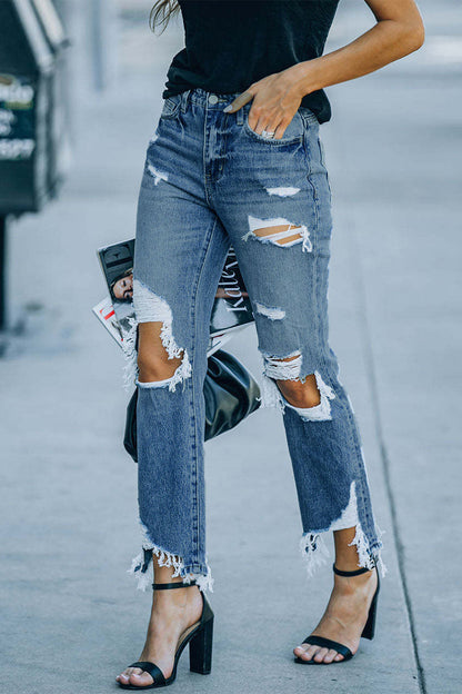 Street Ripped Make Old High Waist Regular Denim Jeans