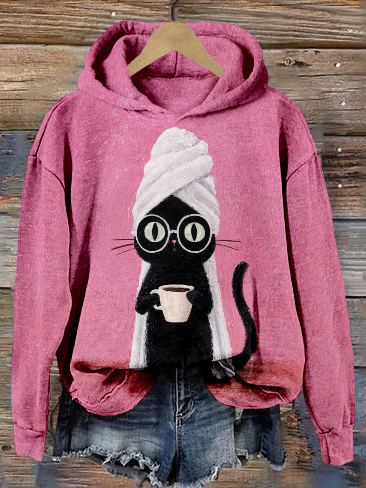 Silly Black Cat Coffe Art Vintage Cozy Hoodie elevenforest