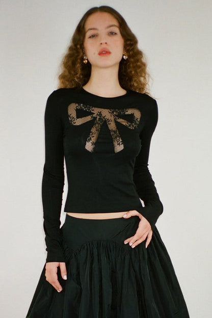 Knit Lace Bow Round Collar Top