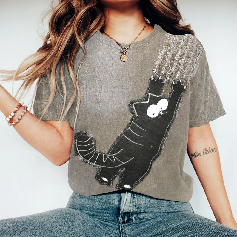 Comstylish Retro Fun Lovely Black Cat Applique Art Crewneck Cozy T Shirt