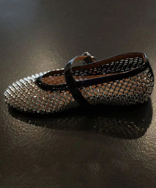 Black Walking Sandals Comfy Splicing Hollow Out Zircon Buckle Strap Aa041