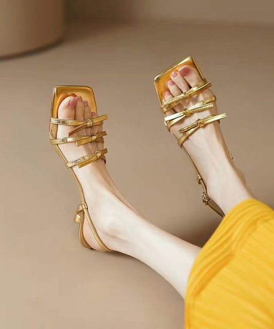 French Gold Square Bow Dew Toe High Heeled Sandals Aa037