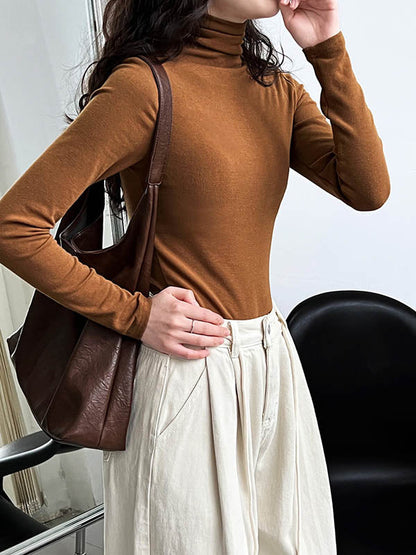 Long Sleeves Skinny Color Split-joint High Neck T-shirts