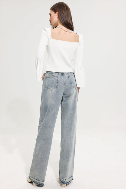 Woolen Knit Sweetheart Neck Long Sleeve Top White