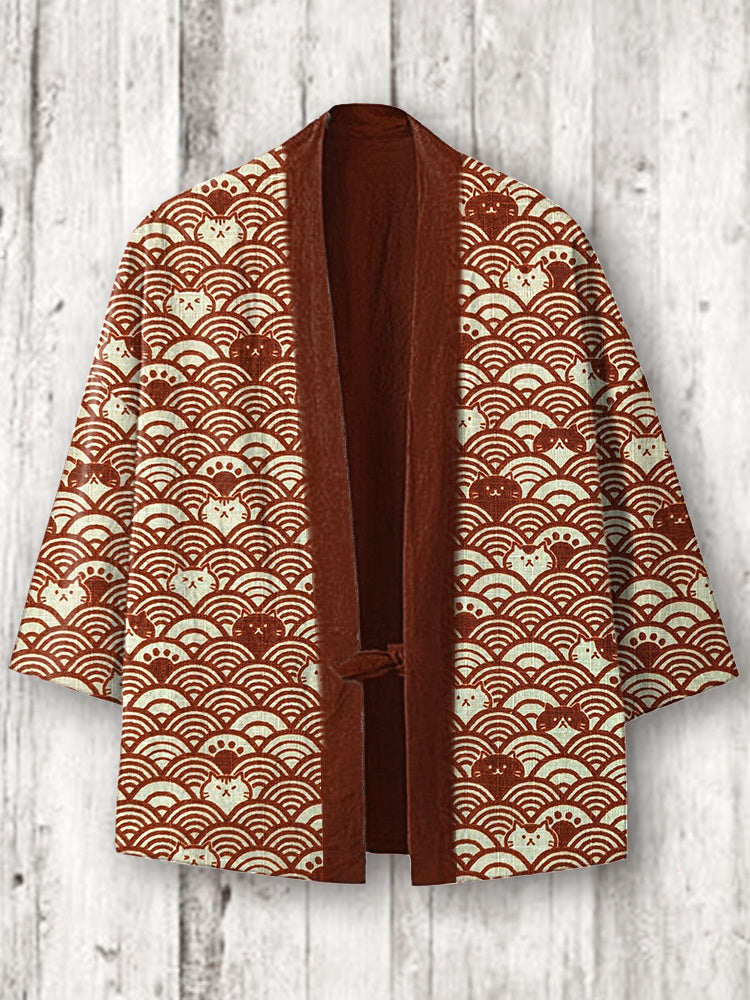 Vintage Japanese Cats Print Cozy Linen Blend Kimono Cardigan elevenforest