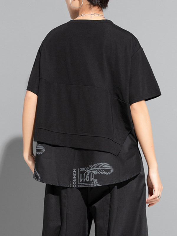False Two Loose Printing Split-joint Round-neck T-shirts Tops