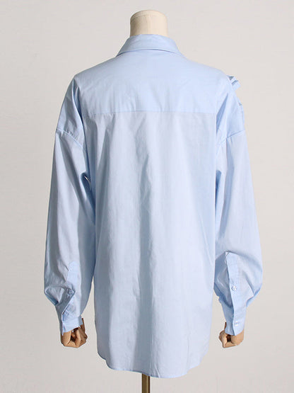 Long Sleeves Loose Asymmetric Buttoned Pleated Color Split-joint Three-dimensional Flower Lapel Blouses&shirts Tops