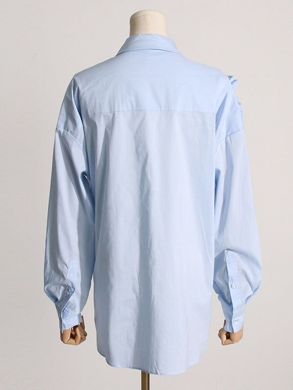 Long Sleeves Loose Asymmetric Buttoned Pleated Color Split-joint Three-dimensional Flower Lapel Blouses&shirts Tops