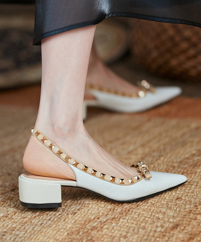 Rivet Splicing Chunky Sandals Beige Pointed Toe Oi016