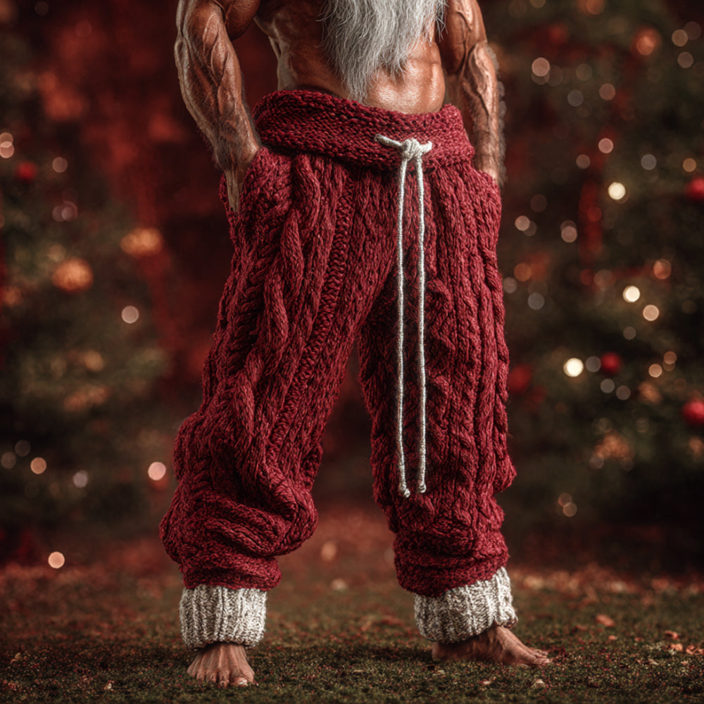 Comstylish Christmas 3d Embroidered Red Knitted Casual Pants