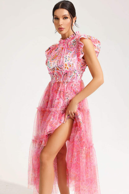 Flutter Sleeve Crew Collar Tapered Waist Midi Dress Pink
