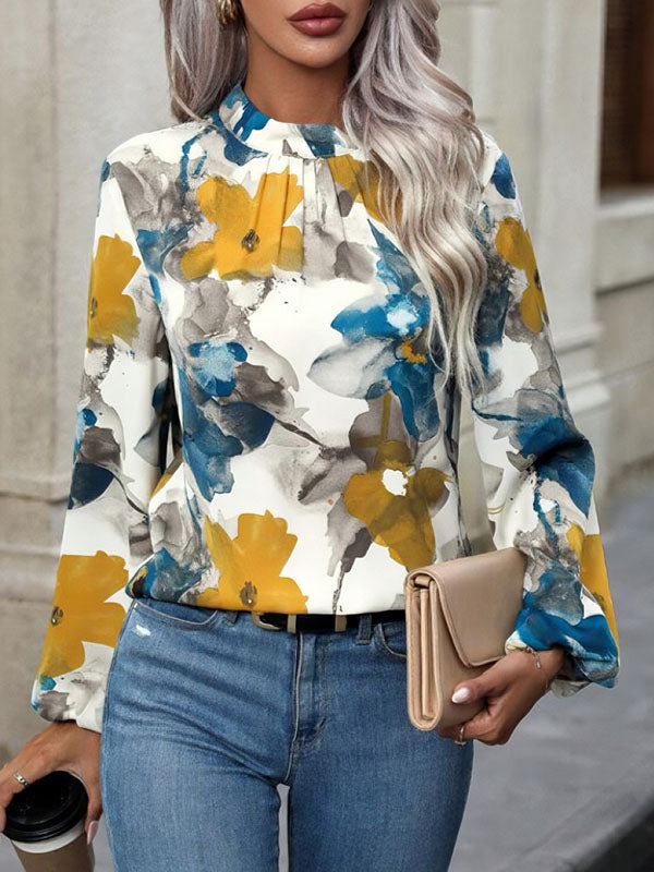 Long Sleeves Loose Elasticity Flower Print Pleated Mock Neck Blouses&shirts Tops