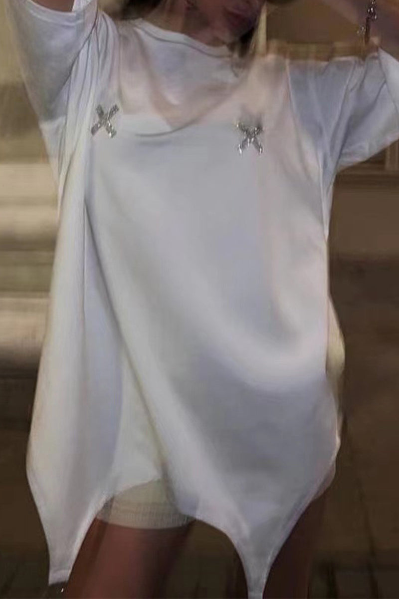 Letter Heart Shaped Asymmetrical Hot Drill O Neck T-shirts