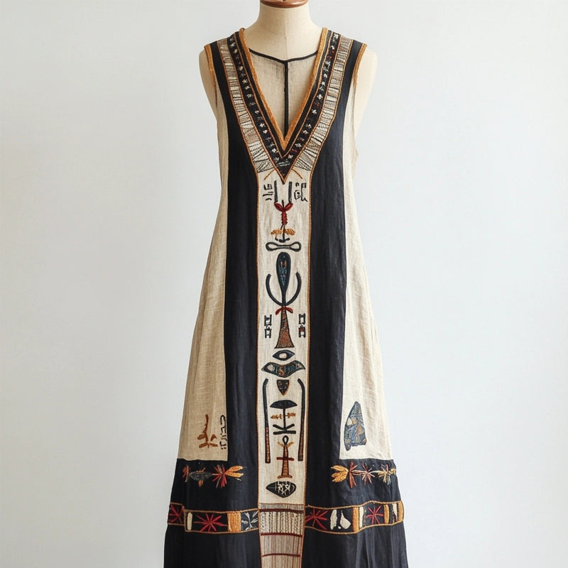 Egyptian Elements Inspired Contrast Linen Maxi Dress artswardrobe