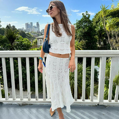 Taruxy Lace Skirt Suit Summer White Slim Sleeveless Crop Tops Holiday Beach Skirt 2 Piece Set Outfits