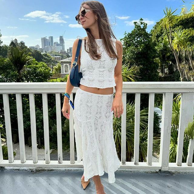Taruxy Lace Skirt Suit Summer White Slim Sleeveless Crop Tops Holiday Beach Skirt 2 Piece Set Outfits