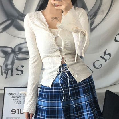Pure Texture Lace Up Flare Sleeve T Shirt Two Piece Cardigan Close Edged V Neck Slim Fit Short Top