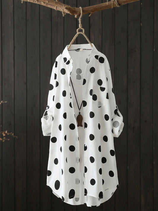 High-low Long Sleeves Polka-dot Lapel Shirts Tops