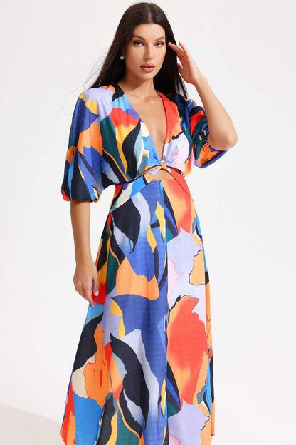 Abstract Print V-neck Maxi Dress