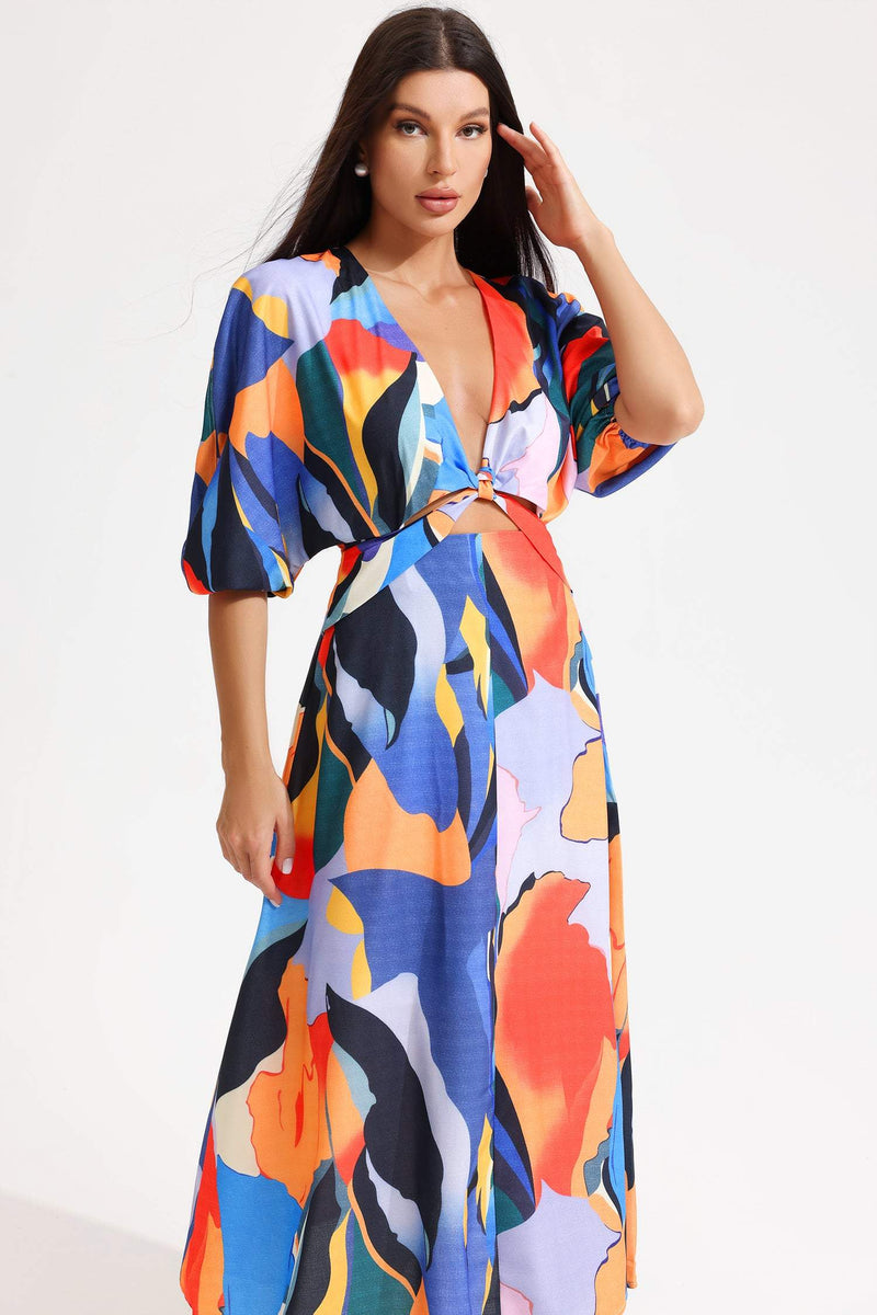 Abstract Print V-neck Maxi Dress