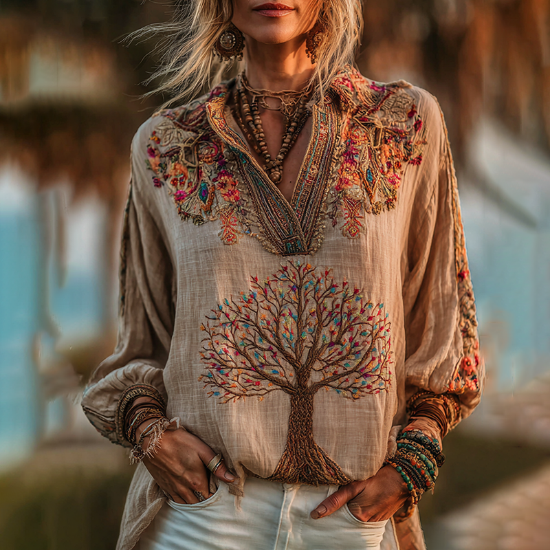Comstylish Women's Vintage Viking Tree Of Life Embroidered Lapel Shirt