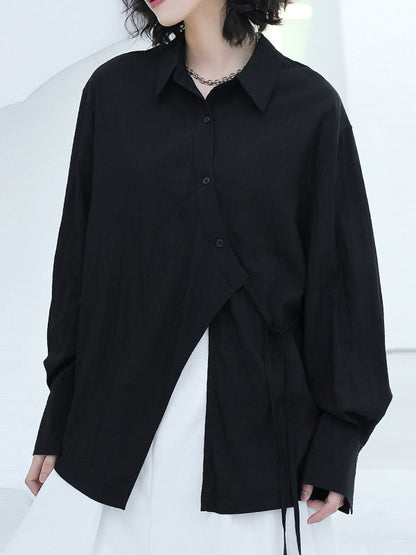 Loose Puff Sleeves Asymmetric Lace-up See-through Color Split-joint Lapel Blouses