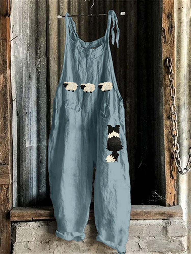Comstylish Border Collie & Sheep Embroidered Linen Blend Jumpsuit